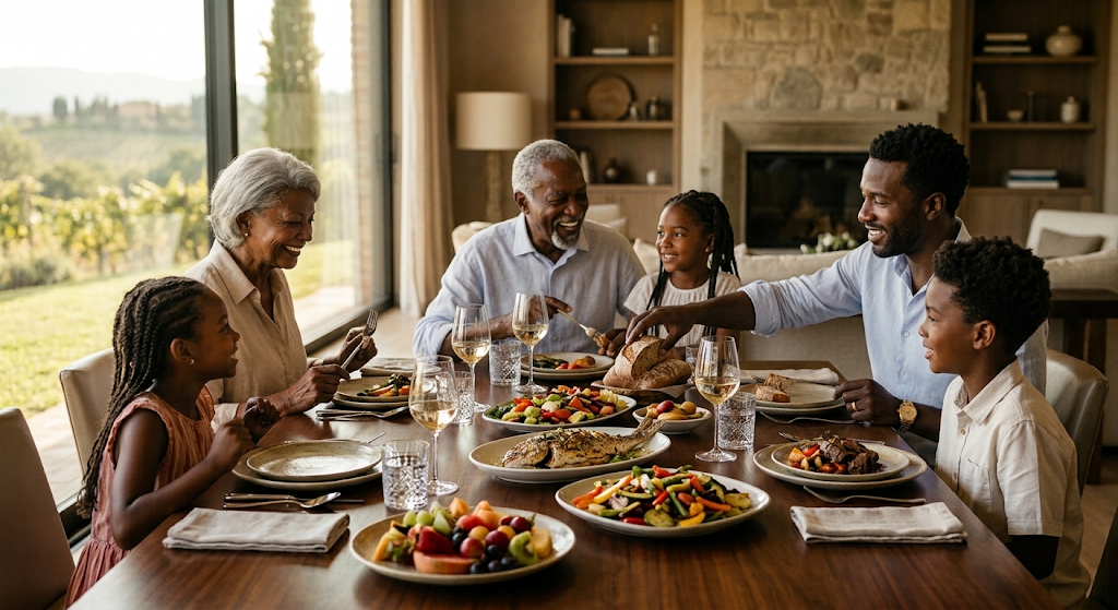 A family enjoying a beautiful meal at home
